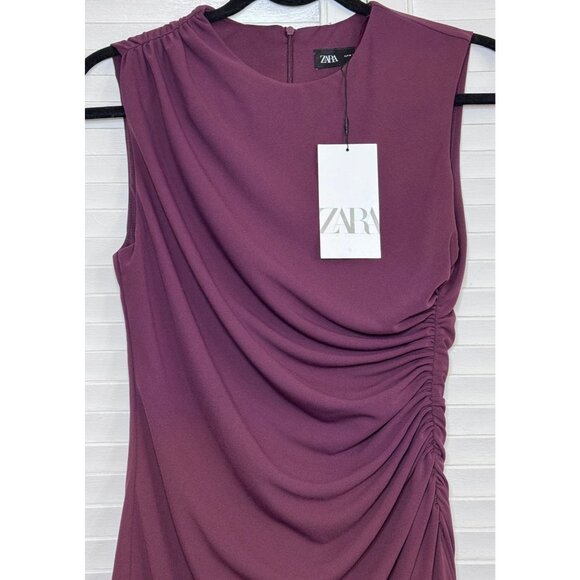 NWT Zara Womens Sleeveless Ruch Bodice Burgundy M Round Neck Mini Bodycon Dress - Picture 4 of 10